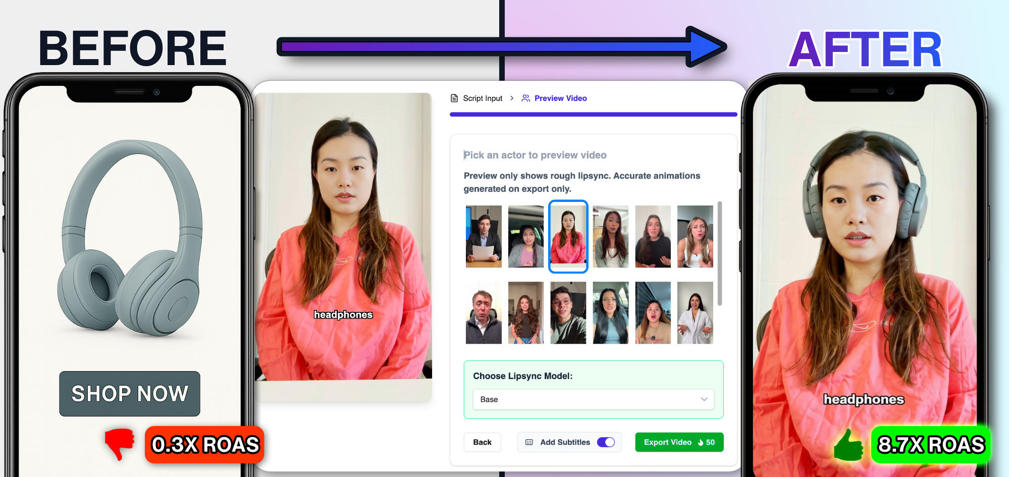 Split-phone comparison showing product ad vs. TikTok-style UGC
